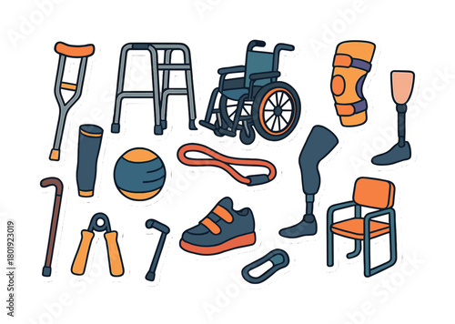 Various mobility aids and prosthetic equipment illustration in vibrant colors