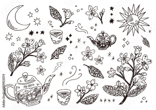 リラックスティーのモノクロイラストセット