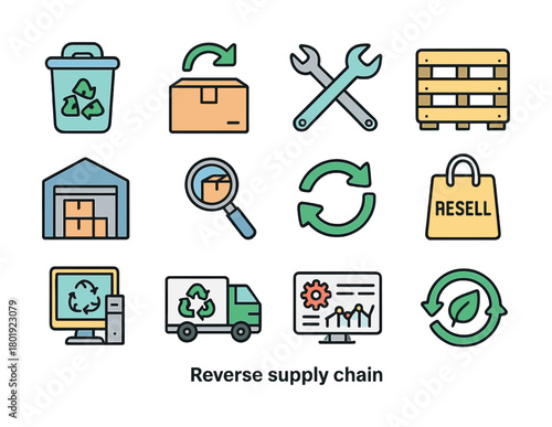 Reverse supply chain icons including recycling bin and resell bag with arrows and tools