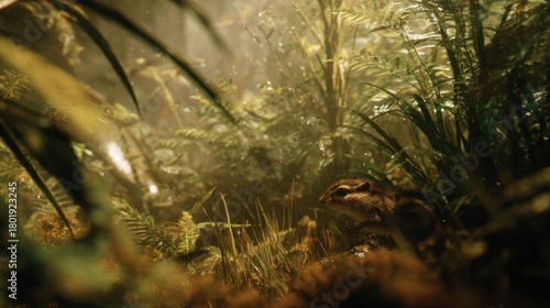 Close-up of a Chipmunk in Dense Forest Underbrush with Golden Lighting