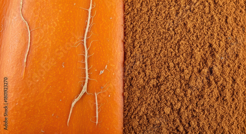 Fototapeta Naklejka Na Ścianę i Meble -  Vibrant orange pumpkin skin with intricate root details beside finely ground pumpkin spice powder, showcasing natural textures and culinary elements for seasonal recipes