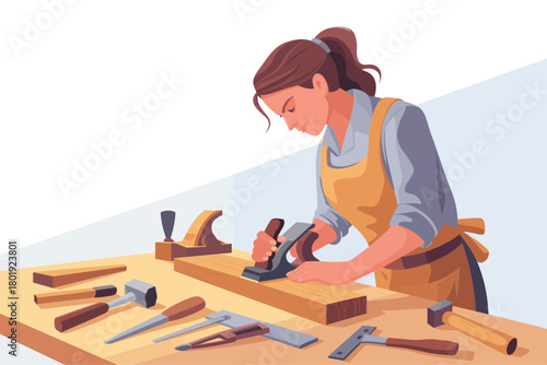Craftswoman meticulously working with a wood plane on a workbench
