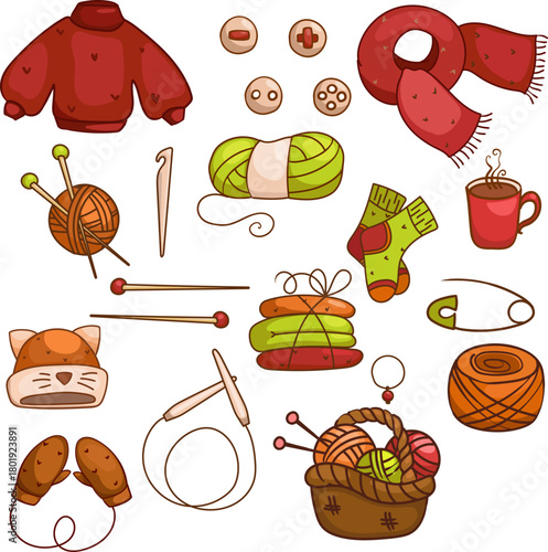 Cozy knitting set of elements. Vector illustration, needlework elements, yarn, knitting needles, knitted things