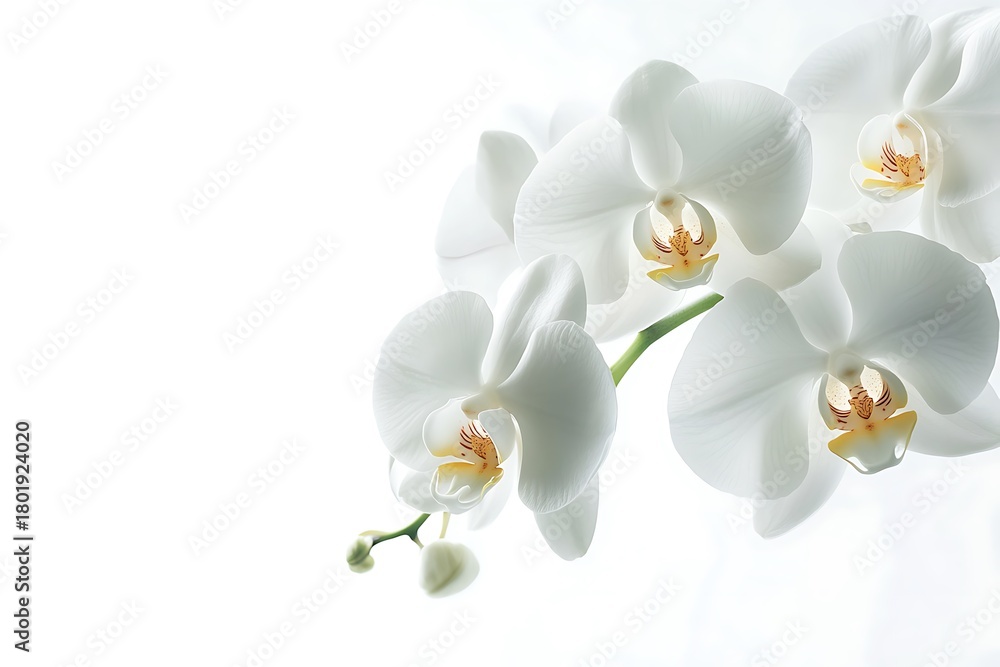 Obraz premium White orchid blooms with delicate petals and developing buds on a stem, symbolizing peace, purity, and beauty