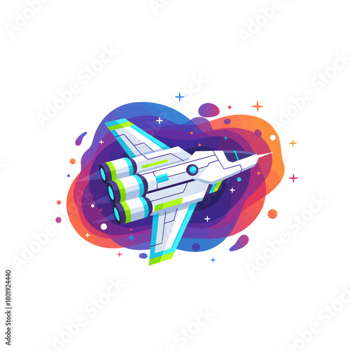 Futuristic spaceship soaring through a vibrant cosmic nebula on an intergalactic mission. Sci-fi space jet vector illustration