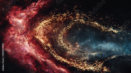Abstract Cosmic vortex with glowing light trails and fiery textures resembling a universe spiral
