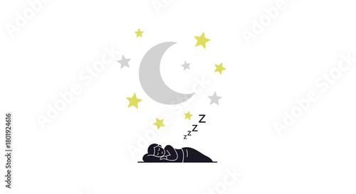 Cute cartoon black bear sleeping peacefully under a crescent moon and twinkling stars at night
