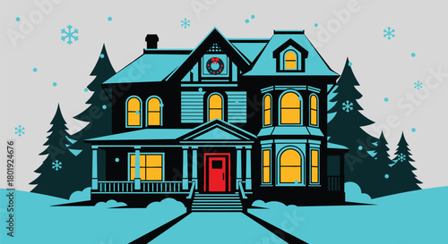 Winter house scene illustration with christmas wreath and snowfall