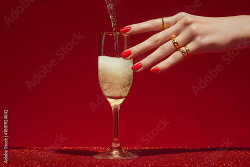 A hand with red nails pours a fizzy drink into a glass against a rich red background, ideal for a celebration