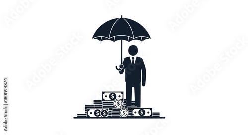 Silhouette of a businessman holding an umbrella protecting a pile of money and coins from financial risks