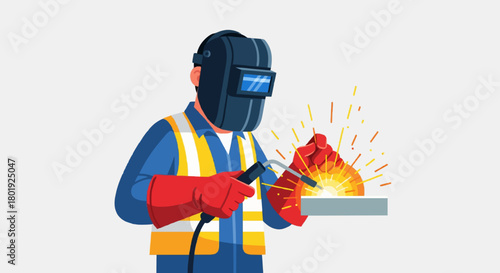 Cartoon construction worker welding metal flat vector illustration.