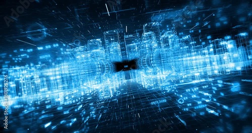 Wireframe futuristic city with continuous forward movement. Abstract 3D background animation.