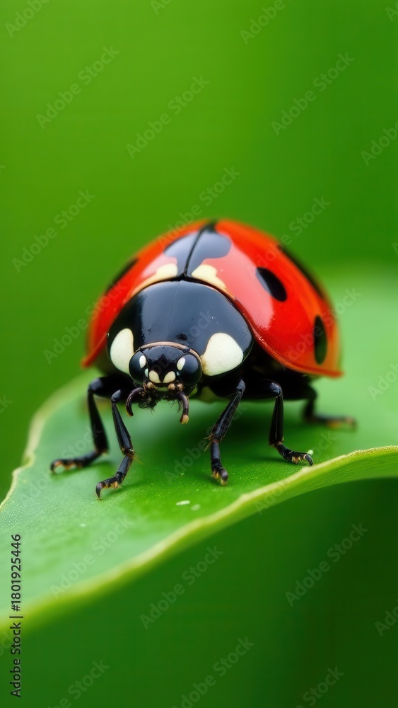 Fototapeta premium A striking ladybug with bright red shell and black spots is perched on a lush green leaf, showcasing its intricate details and vibrant colors in a serene natural environment