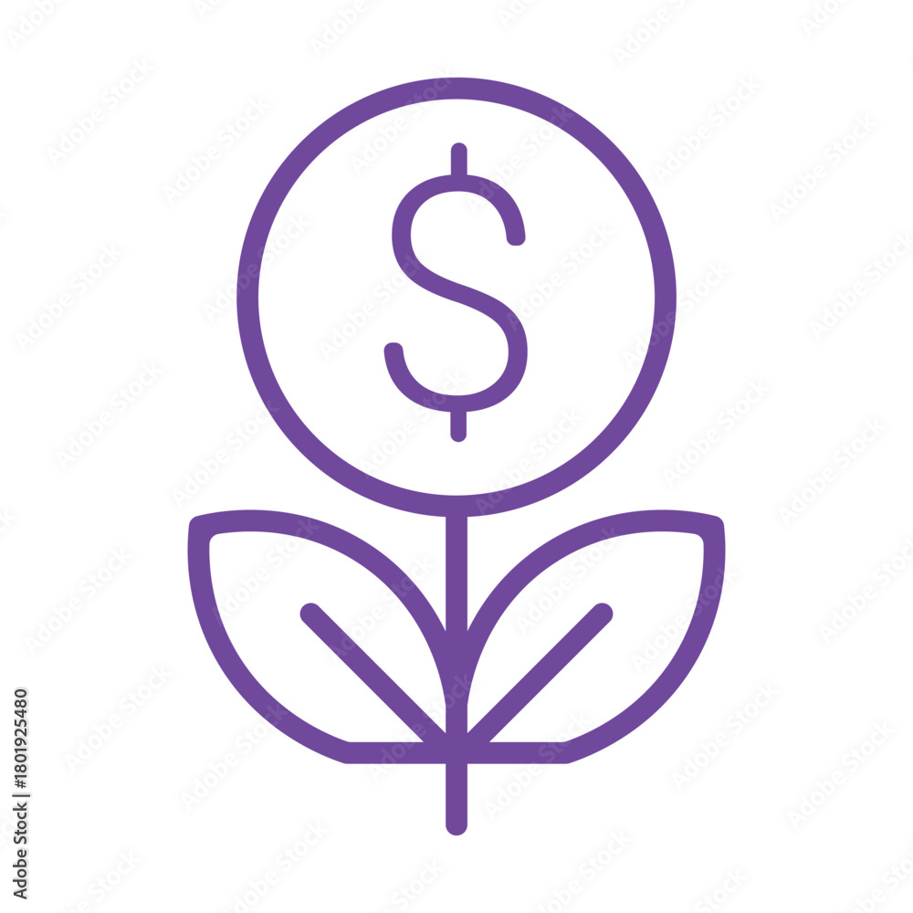 Fototapeta premium Purple dollar sign coin flower is growing on a white background