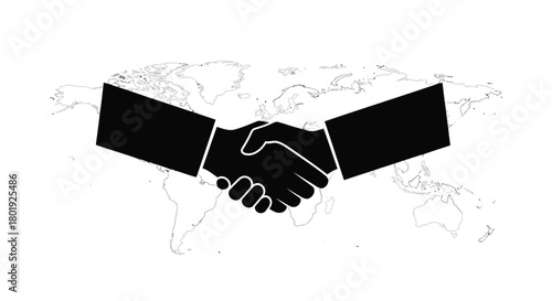 Global partnership and business deal symbolized by handshake over world map outline