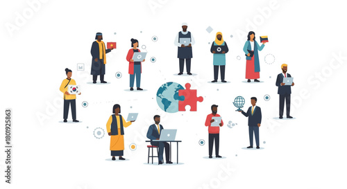 Diverse group of people connected globally through technology and education representing unity and collaboration