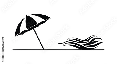 Simple black and white illustration of a beach umbrella and stylized wavy water on a flat surface