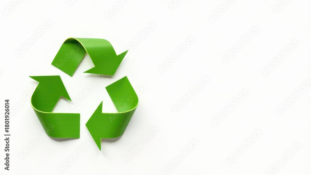 Obraz premium A vibrant green recycling symbol made of arrows is prominently displayed on a clean white background, emphasizing sustainability and environmental awareness in design and branding