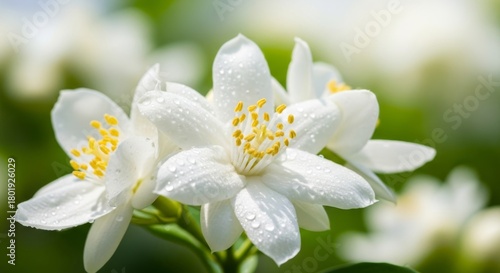 Close up of delicate white jasmine flowers with yellow centers glistening with water droplets.