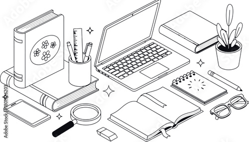 Isometric study table with laptop books and stationery illustration