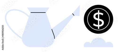 Watering can pouring onto sprouting dollar coin, symbolizing nurturing investments, financial growth. Ideal for finance, investment, savings, wealth building, economic strategy, business planning