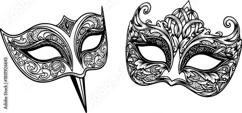 monochrome masks with intricate details, minimalist details, vector illustration