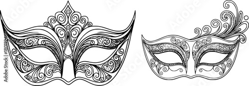 monochrome masks with intricate details, minimalist details, vector illustration