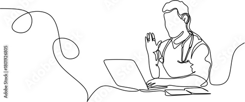 Continuous line drawing. Doctor waving at laptop.  Vector illustration