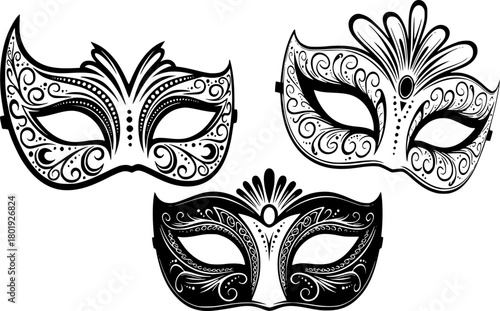 monochrome masks with intricate details, minimalist details, vector illustration