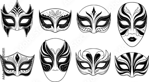 monochrome masks with intricate details, minimalist details, vector illustration