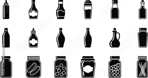 Collection of condiment bottles and food jars vector illustration