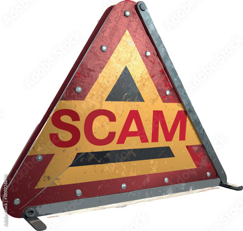 Rusty 3D Triangular Warning Sign with Bold "SCAM" Text: Fraud, Cybersecurity, and Financial Risk Alert
