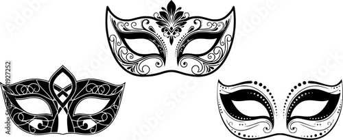 monochrome masks with intricate details, minimalist details, vector illustration