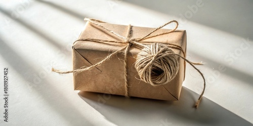 A simply wrapped gift package awaits delivery, tied with twine, resting on a surface in a soft light
