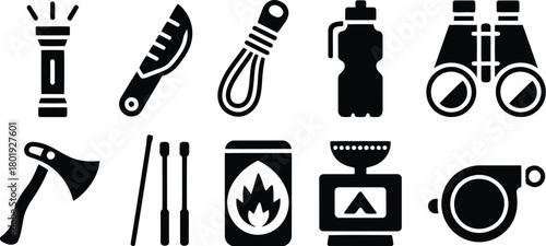 Camping, Hiking, Survival Gear Flat Icons Set.A collection of essential wilderness exploration and outdoor adventure gear rendered as flat black symbols on a clean white backdrop.