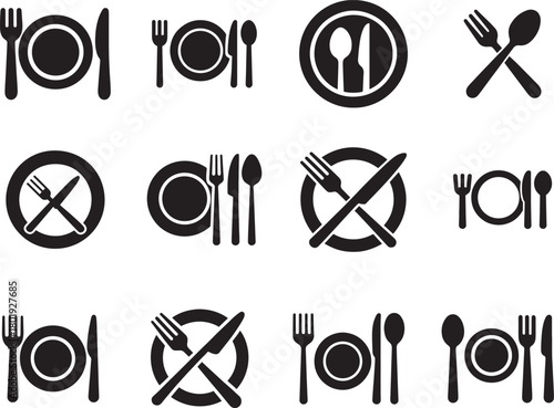   Plate, fork, knife and spoon icon set in bold silhouette style for menus, restaurants, cafes and catering.
