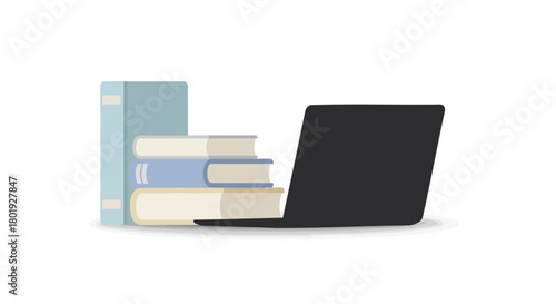 Stack of colorful books next to an open black laptop on a white background