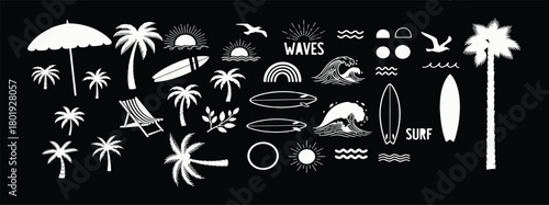 Collection of hand drawn white tropical beach and surf elements on black background