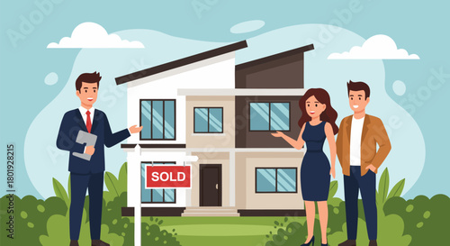 Real Estate Agent With Buyers Standing In Front Of House With Sold Sign, Successful Property Transaction Concept