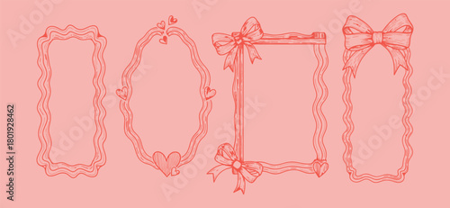 Collection of four decorative pink ornate frames with bows and floral elements on a soft pink background