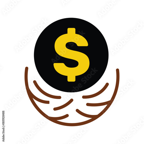 Golden dollar sign nested within the brown bird's nest against a white background
