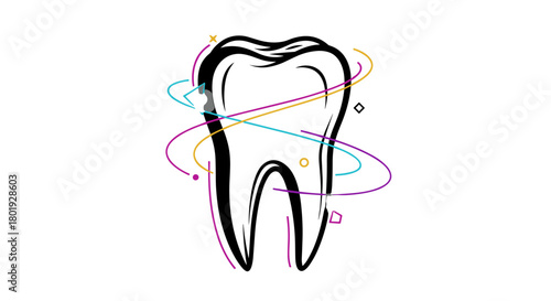 Stylized black and white tooth icon with colorful swirling orbits and geometric shapes.