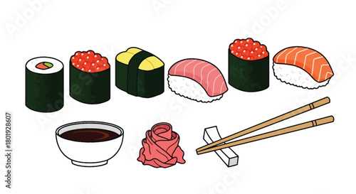 Sushi rolls and nigiri with soy sauce and ginger illustration art
