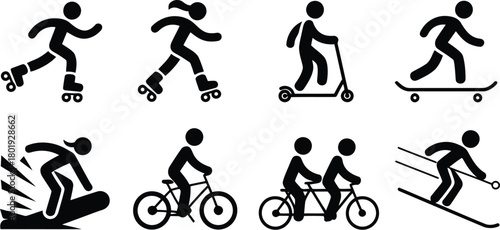 Outdoor Sports and Activities Pictograms Set: Rollerblading, Scooters, Bikes, Skateboards, Snowboards