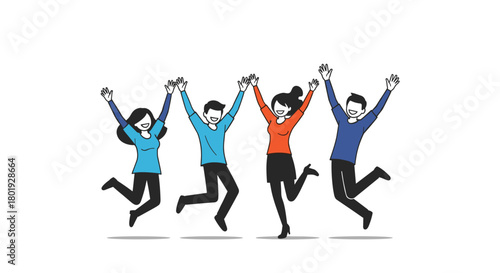 Group of four diverse people jumping for joy with arms raised in celebration.