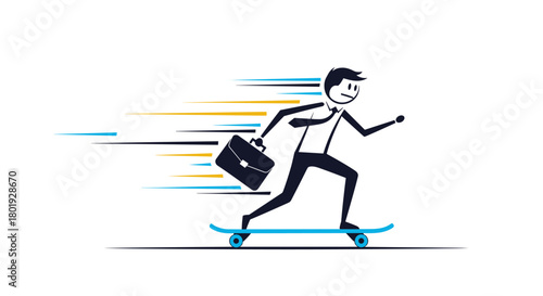 Stick figure businessman on a skateboard with motion lines, representing speed and efficiency.