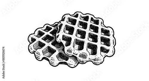 Black and white sketch of two waffles stacked on top of each other.