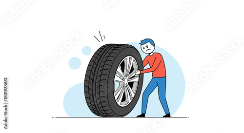 Man struggling to push a large, heavy tire uphill, indicating effort and difficulty.