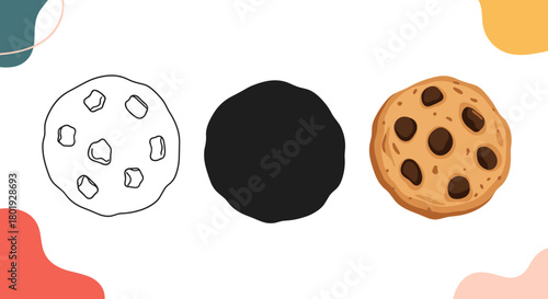 Three artistic depictions of a chocolate chip cookie: a line drawing, a silhouette, and a realistic illustration.