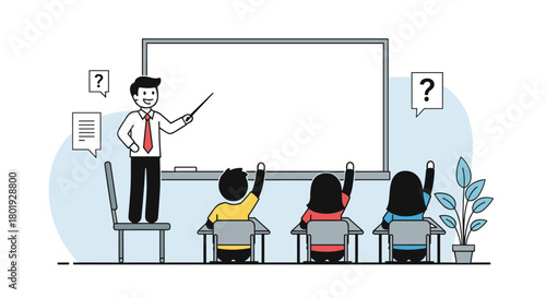 Teacher points to a blank whiteboard while students raise their hands in a classroom.